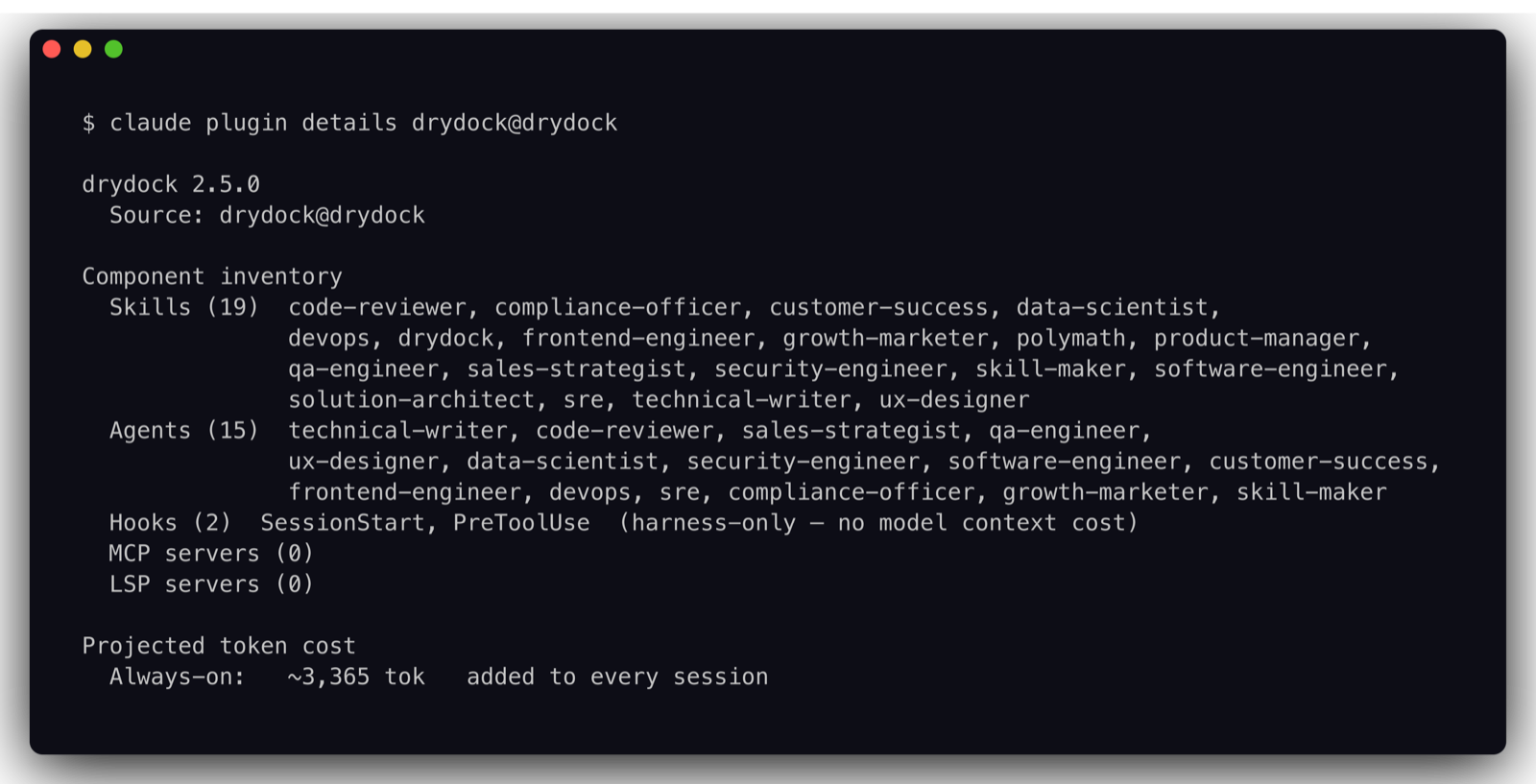 Terminal output of claude plugin details drydock@drydock listing 19 skills, 15 agents, 2 hooks, 0 MCP servers, 0 LSP servers, and a projected always-on cost of about 3,365 tokens per session