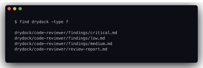 Terminal output of find drydock -type f listing drydock/code-reviewer/findings/critical.md, low.md, medium.md, and drydock/code-reviewer/review-report.md